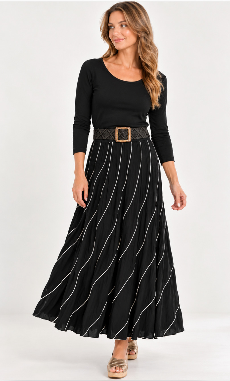 NEW SOFT SURROUNDINGS BLACK MODERN ROMANCE WHITE EMBROIDERED BOHO MAXI SKIRT M